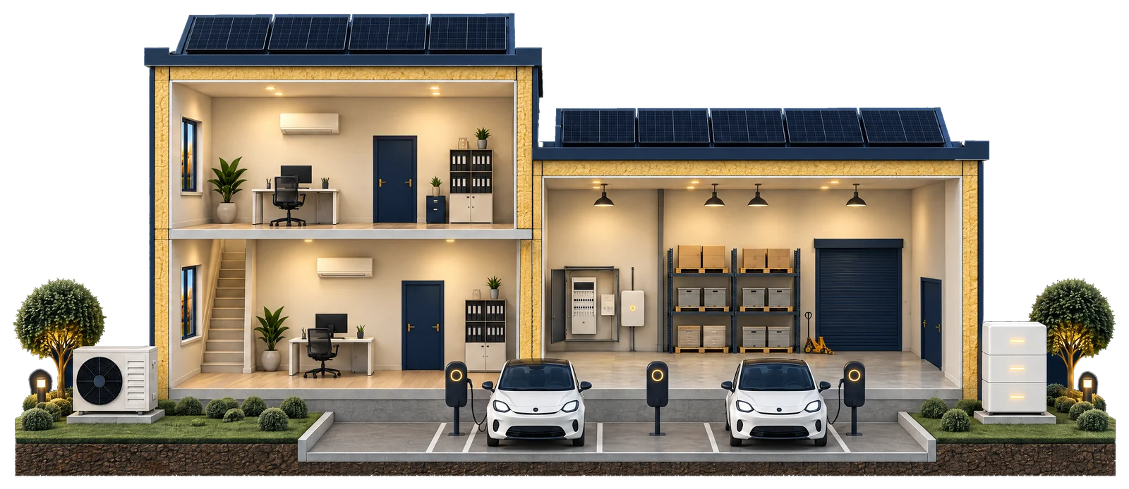 Een bedrijfspand met zonnepanelen, batterij, warmtepomp en laadpalen die samenwerken