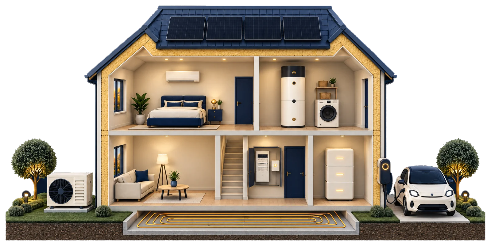 A cutaway house with solar panels, insulation, air conditioning, a heat pump water heater, a meter cupboard with smart control, a home battery, an EV charger, a heat pump and underfloor heating