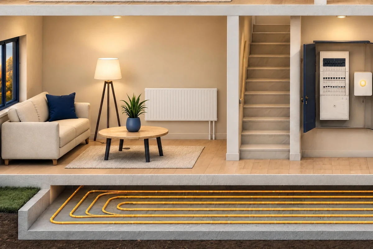 A cutaway living room with a radiator on the wall and the underfloor heating pipes below the floor.