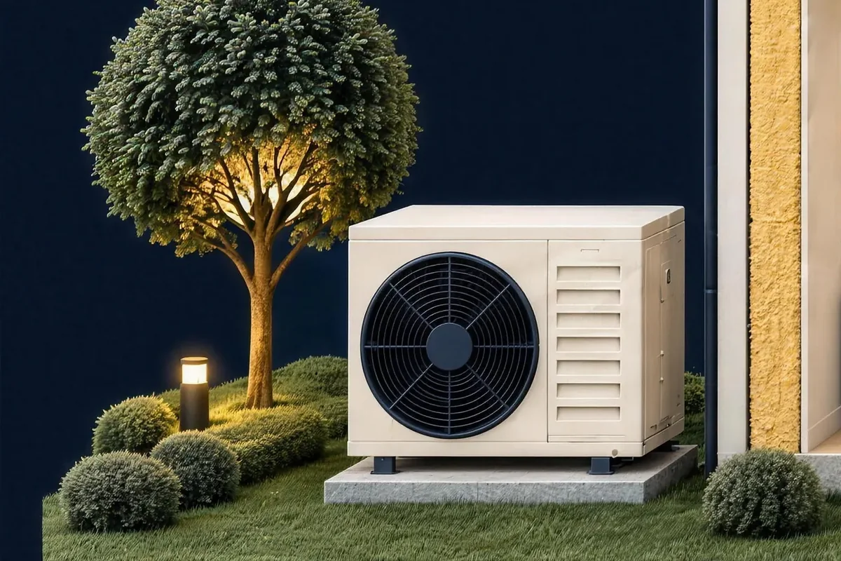 Een warmtepomp naast een opengewerkt huis.
