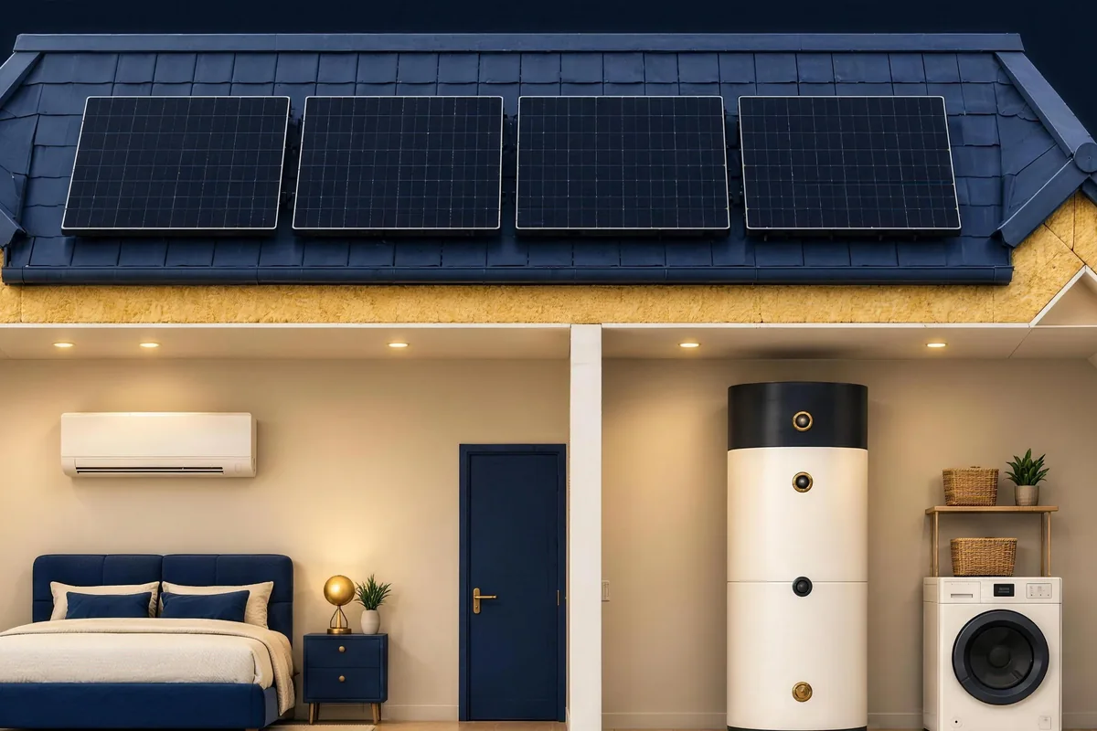 Zonnepanelen op het dak van een opengewerkt huis.